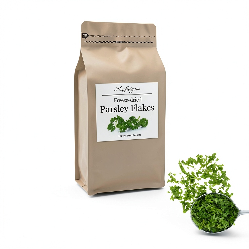 Niufuiyova Freeze Dried Parsley Flakes package opened on a wooden kitchen counter, showing uniform green flakes