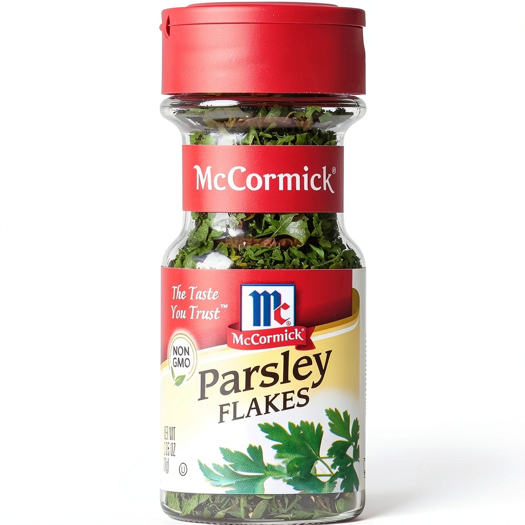 McCormick Parsley Flakes package on a kitchen counter