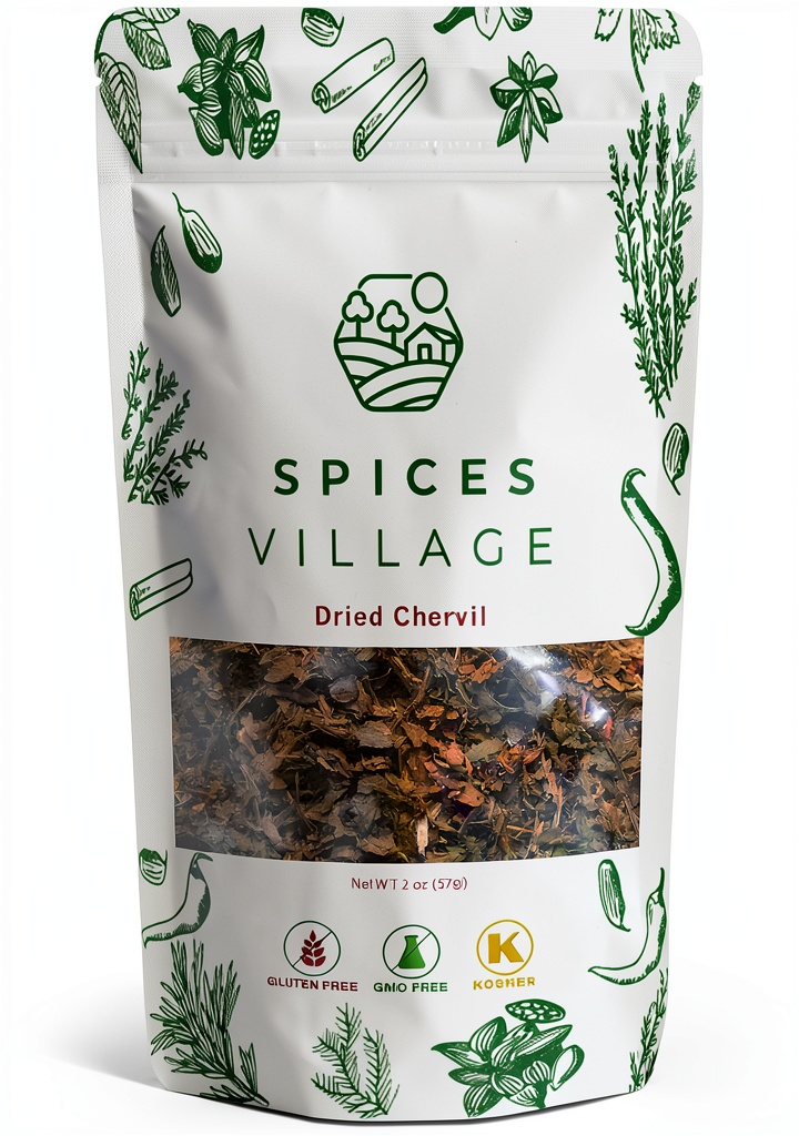Spices Village dried chervil in resealable packaging on a kitchen counter
